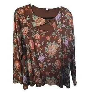 Cato Brown Floral Print Front Keyhole Long Sleeve‎ Top Womans Plus Size 18/20W